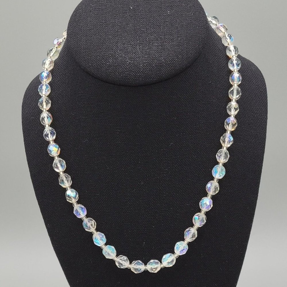 Womens Clear AB Aurora Borealis Faceted Crystal Fashion Beaded Necklace 17 in